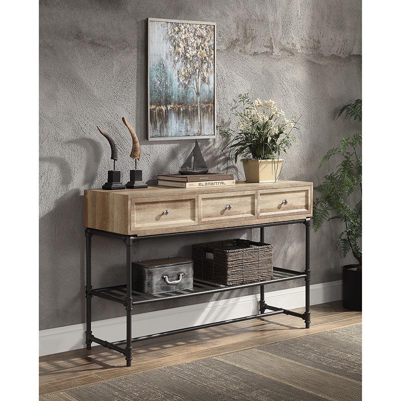 ACME Brantley 3-Drawer Wooden Rectangular Sofa Table in Oak and Sandy Black