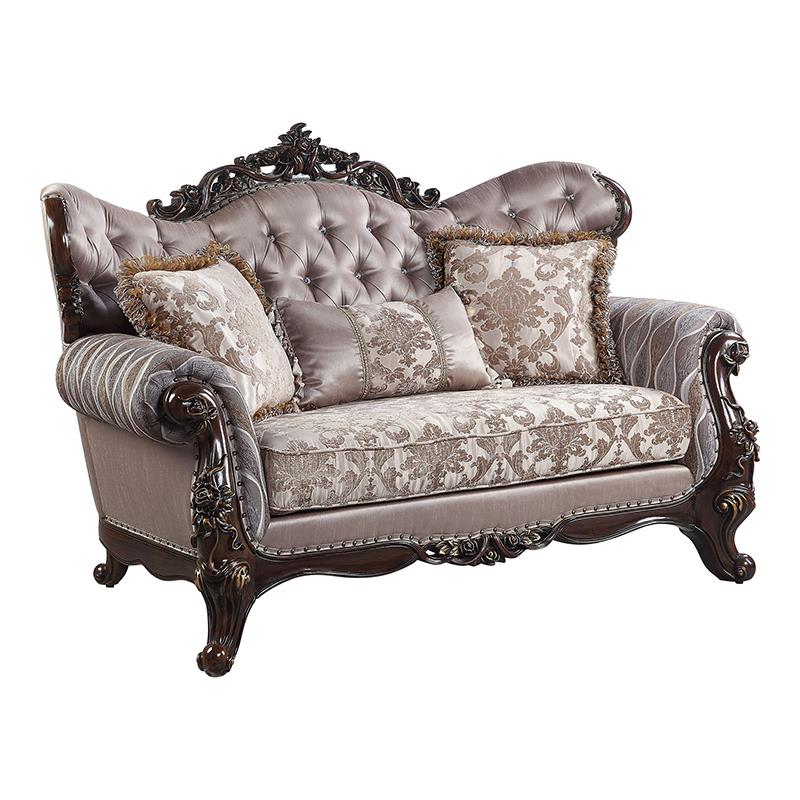 ACME Benbek Fabric Loveseat with 3 Pillows in Taupe and Antique Oak