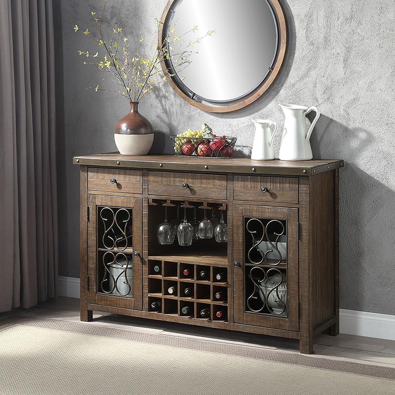 ACME Raphaela Wooden Server with Cup Holder and Wine Rack in Weathered Cherry