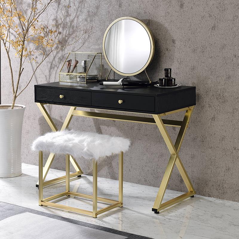 ACME Adao Metal Vanity Mirror and Stool in Black and Brass