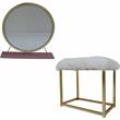 ACME Adao Vanity Mirror & Stool in Faux Fur Mirror Pink & Gold Finish
