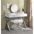 ACME Adao Vanity Mirror & Stool in Faux Fur Mirror White & Chrome Finish