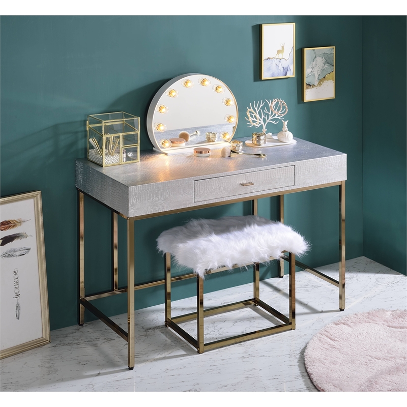 ACME Alma Domed Wooden Frame Accent Mirror with Lighting in White