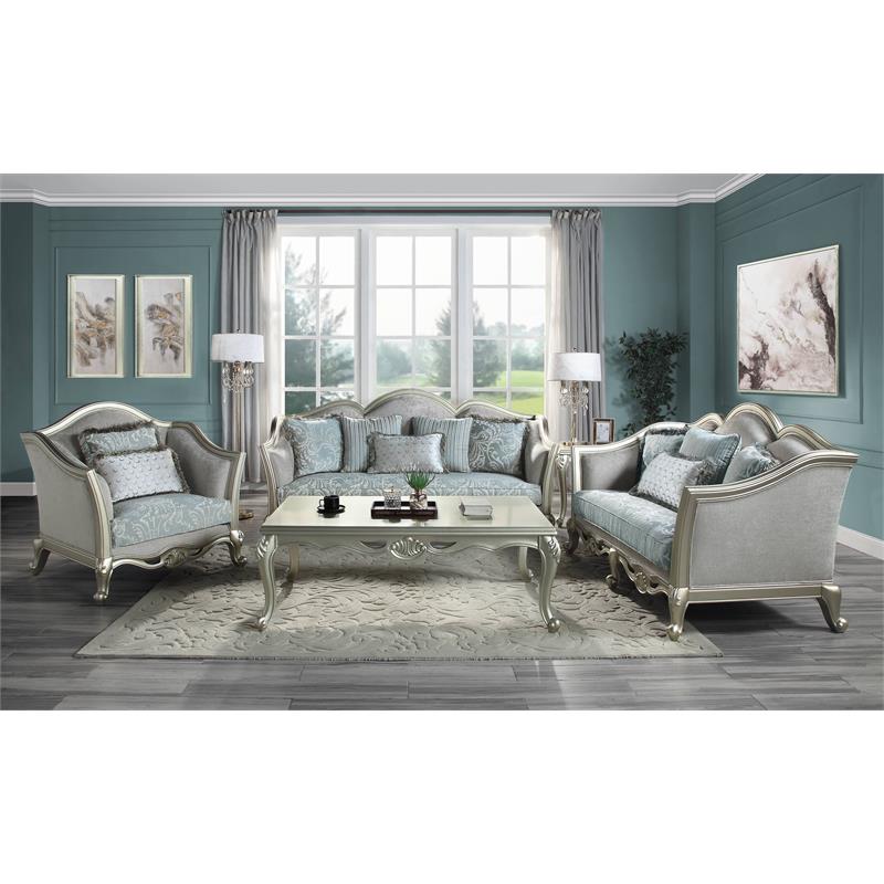ACME Qunsia Loveseat with 4 Pillows in Light Gray Fabric and Champagne
