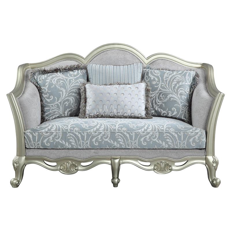 ACME Qunsia Loveseat with 4 Pillows in Light Gray Fabric and Champagne