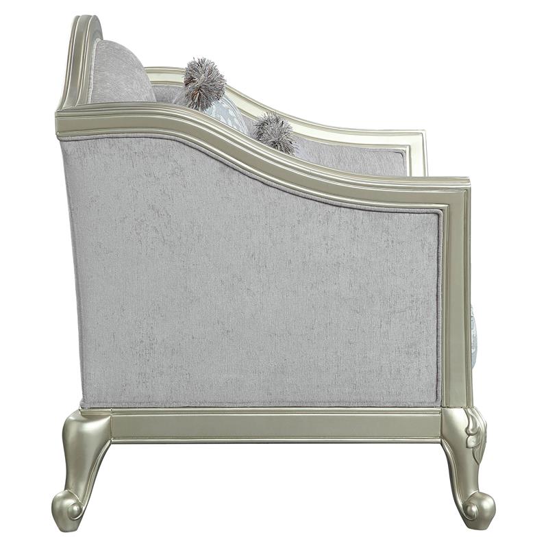 ACME Qunsia Loveseat with 4 Pillows in Light Gray Fabric and Champagne