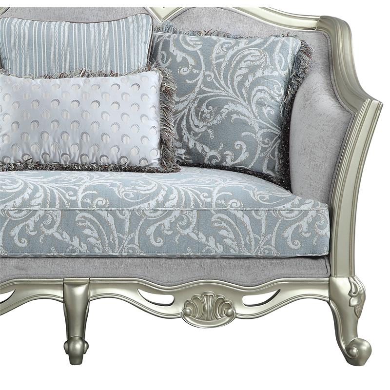 ACME Qunsia Loveseat with 4 Pillows in Light Gray Fabric and Champagne