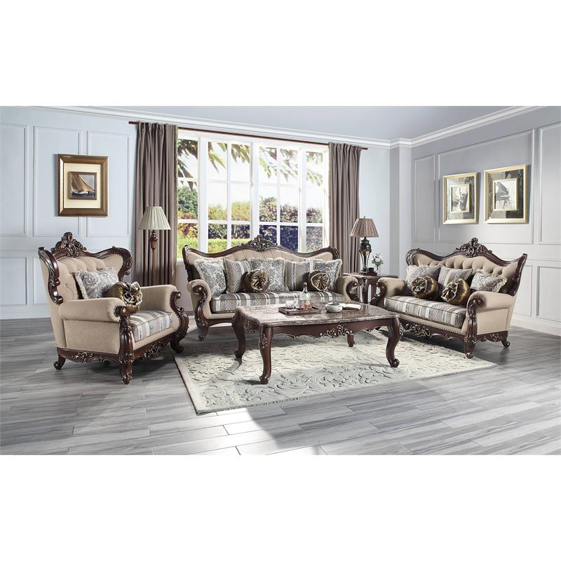 ACME Ragnar Loveseat with 5 Pillows in Light Brown Fabric and Cherry