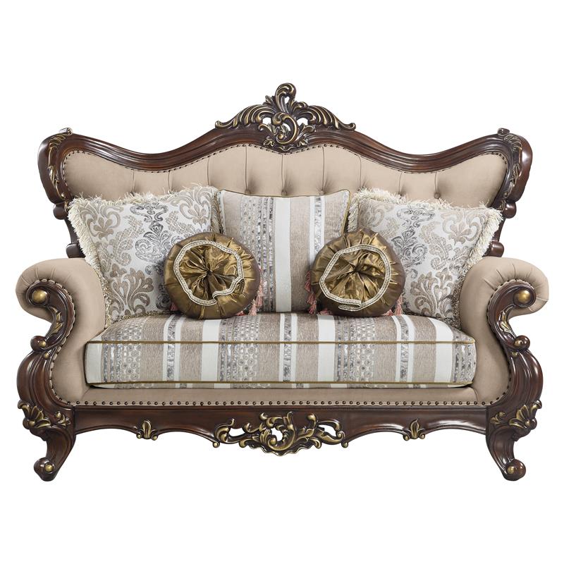 ACME Ragnar Loveseat with 5 Pillows in Light Brown Fabric and Cherry
