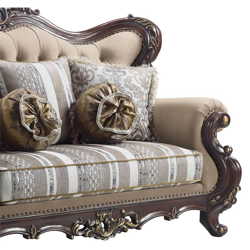 ACME Ragnar Loveseat with 5 Pillows in Light Brown Fabric and Cherry