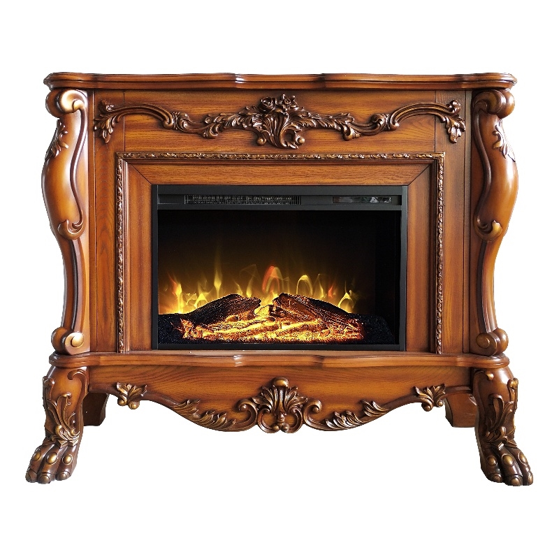 ACME Dresden Floral Molding Wooden Frame Grand Fireplace in Cherry Oak