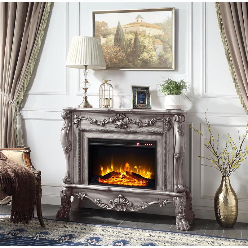 ACME Dresden Floral Molding Wooden Frame Fireplace in Vintage Bone White
