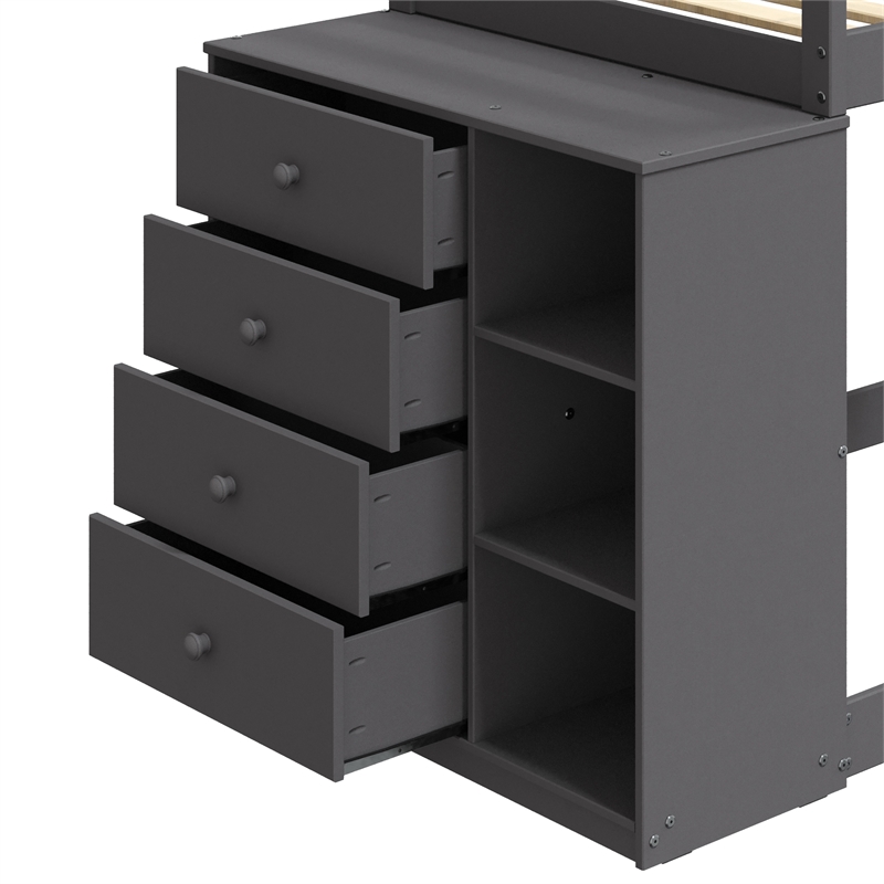 ACME Gaston Twin over Twin Wooden Bunk Bed with Storage Cabinet in Gray