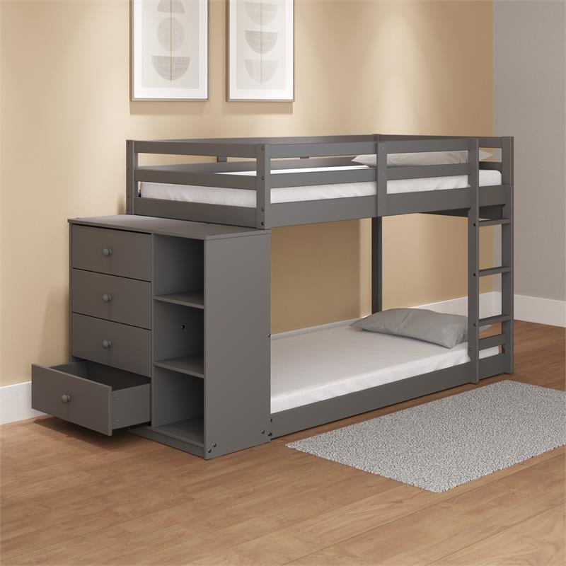 ACME Gaston Twin over Twin Wooden Bunk Bed with Storage Cabinet in Gray