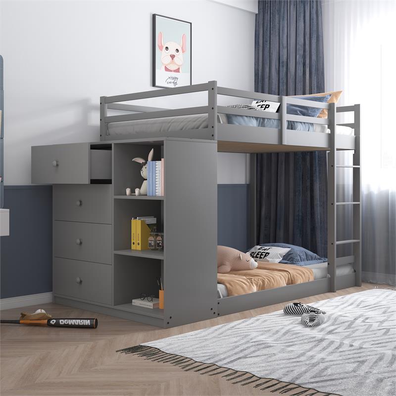 ACME Gaston Twin over Twin Wooden Bunk Bed with Storage Cabinet in Gray