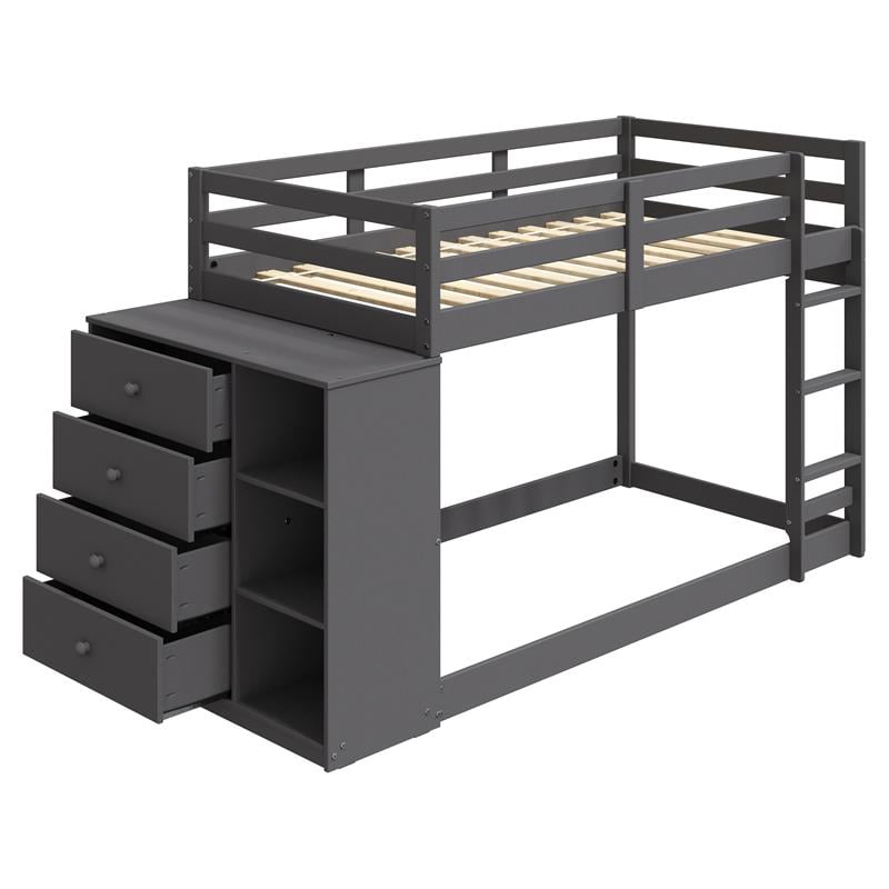 ACME Gaston Twin over Twin Wooden Bunk Bed with Storage Cabinet in Gray