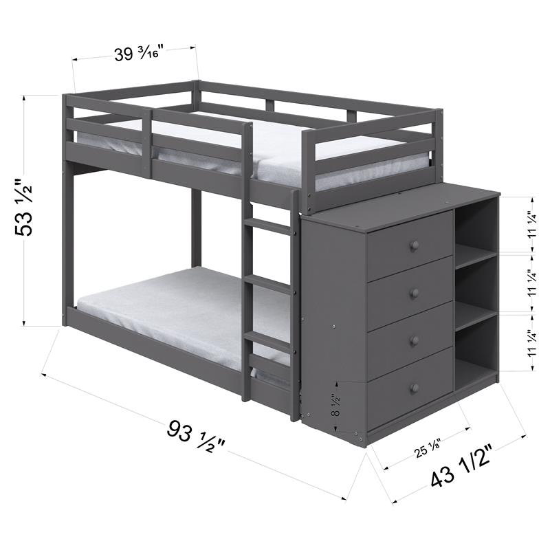 ACME Gaston Twin over Twin Wooden Bunk Bed with Storage Cabinet in Gray