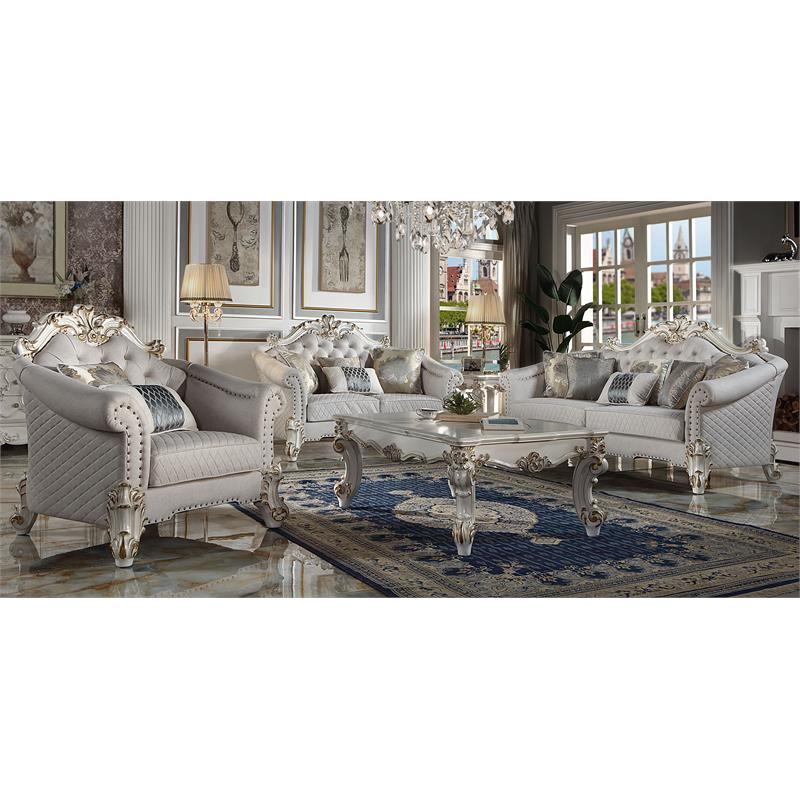 ACME Vendome II Sofa with 6 Pillows in Two Tone Ivory Fabric and Antique Pearl
