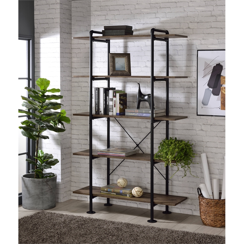 ACME Nefo 5 Wooden Tiers Shelf Bookcase in Rustic Oak and Black