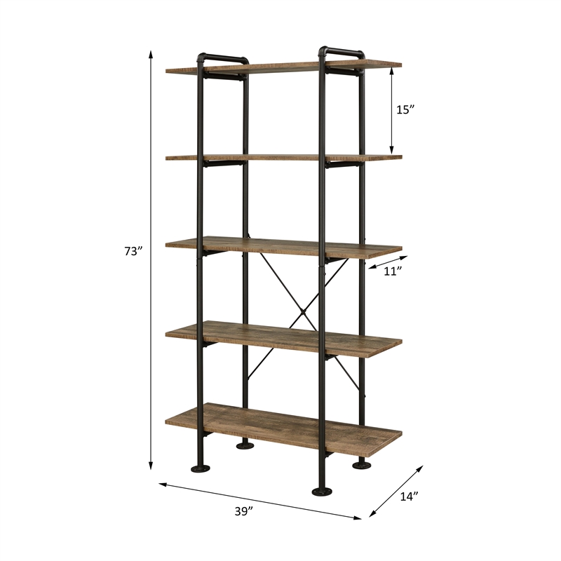 ACME Nefo 5 Wooden Tiers Shelf Bookcase in Rustic Oak and Black