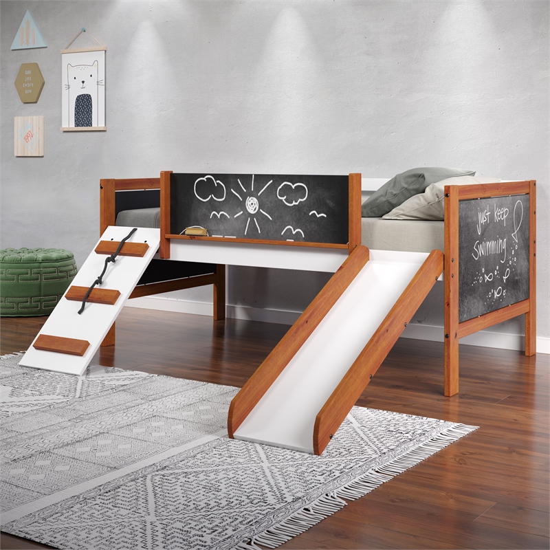 ACME Aurea Twin Loft Bed with Slide in Cherry Oak and White