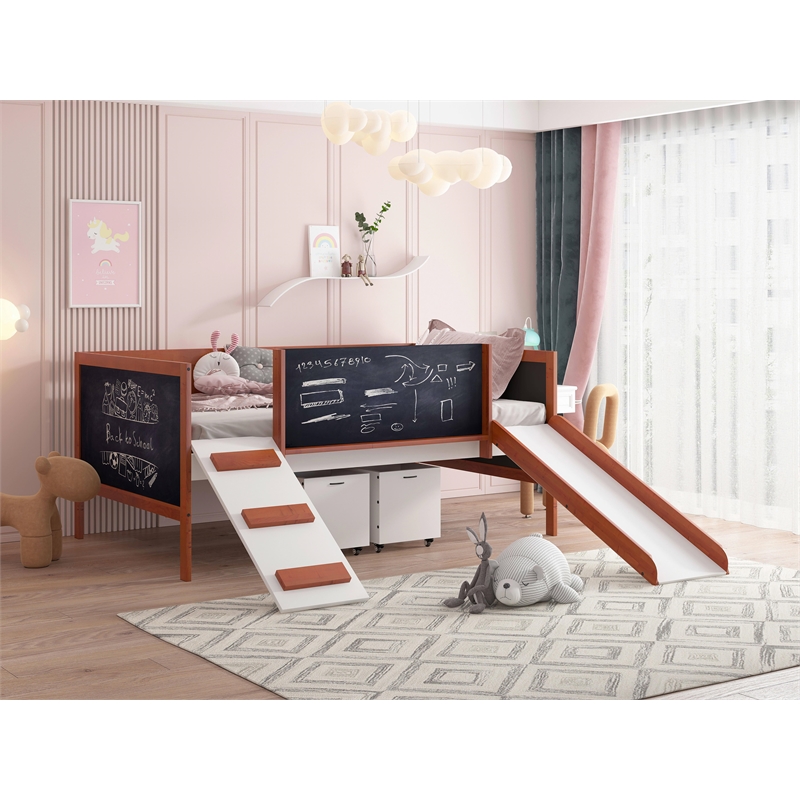 ACME Aurea Twin Loft Bed with Slide in Cherry Oak and White