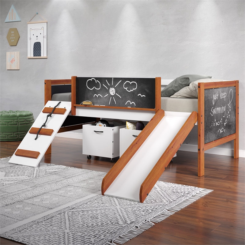 ACME Aurea Twin Loft Bed with Slide in Cherry Oak and White