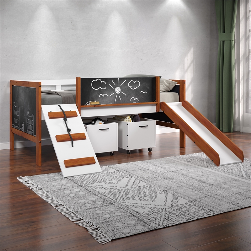 ACME Aurea Twin Loft Bed with Slide in Cherry Oak and White
