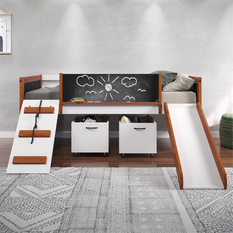 ACME Aurea Twin Loft Bed with Slide in Cherry Oak and White