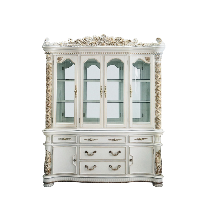 ACME Vendome Hutch and Buffet with 4 Glass Doors in Antique Pearl