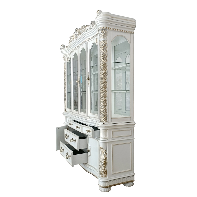 ACME Vendome Hutch and Buffet with 4 Glass Doors in Antique Pearl