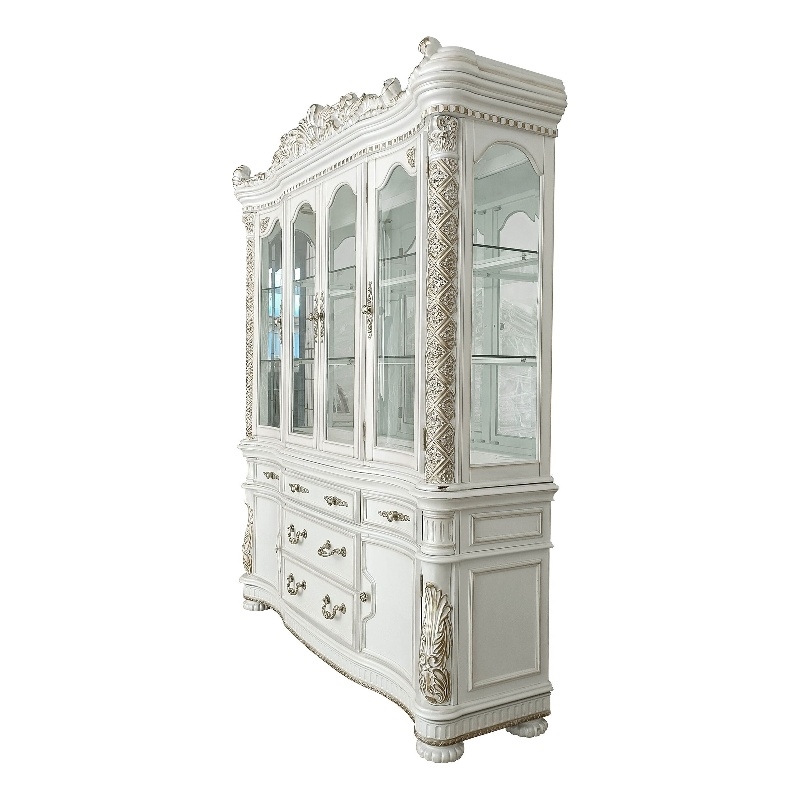 ACME Vendome Hutch and Buffet with 4 Glass Doors in Antique Pearl