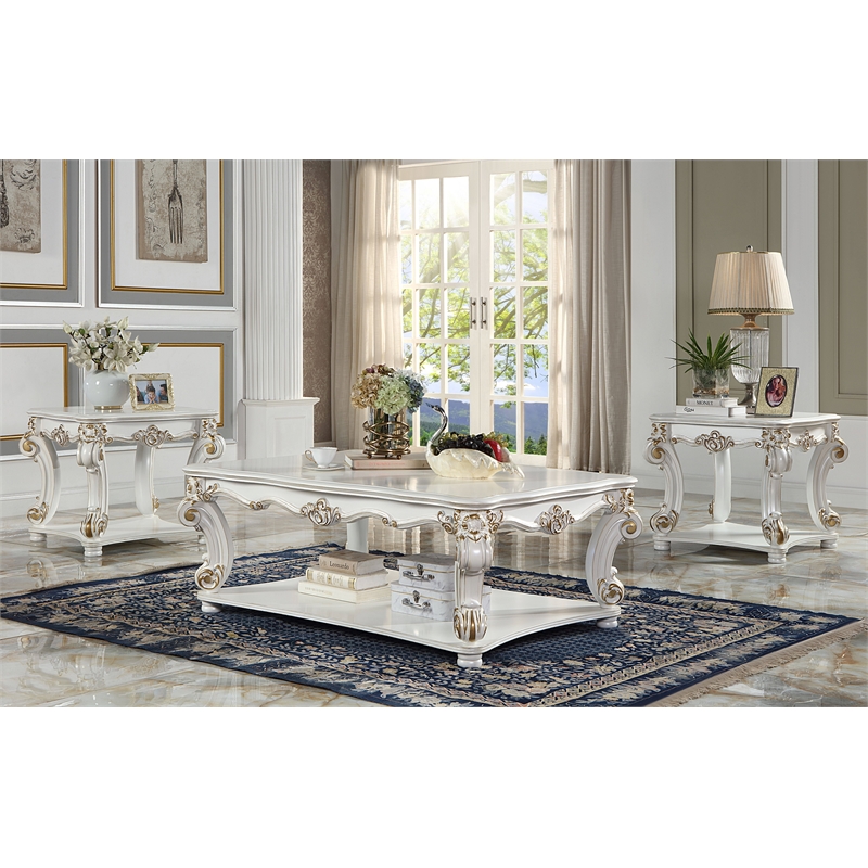 ACME Vendome Rectangular Wooden Coffee Table with Bottom Shelf in Antique Pearl
