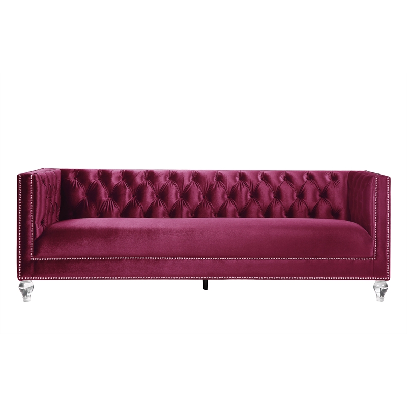 ACME Heibero Velvet Tufted Sofa with 2 Pillows in Burgundy