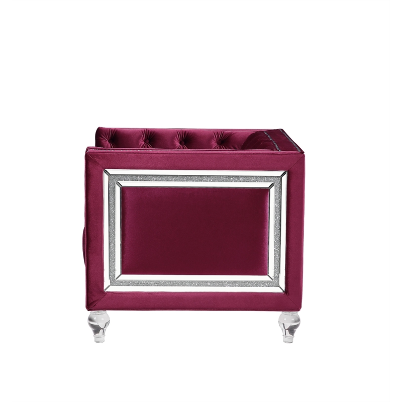 ACME Heibero Velvet Tufted Sofa with 2 Pillows in Burgundy