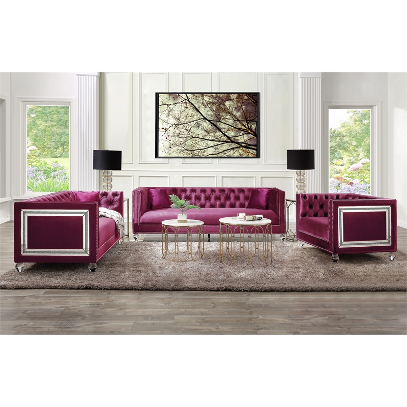 ACME Heibero Velvet Tufted Sofa with 2 Pillows in Burgundy