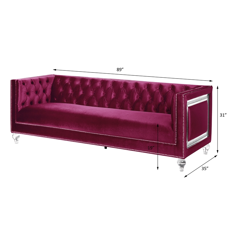 ACME Heibero Velvet Tufted Sofa with 2 Pillows in Burgundy