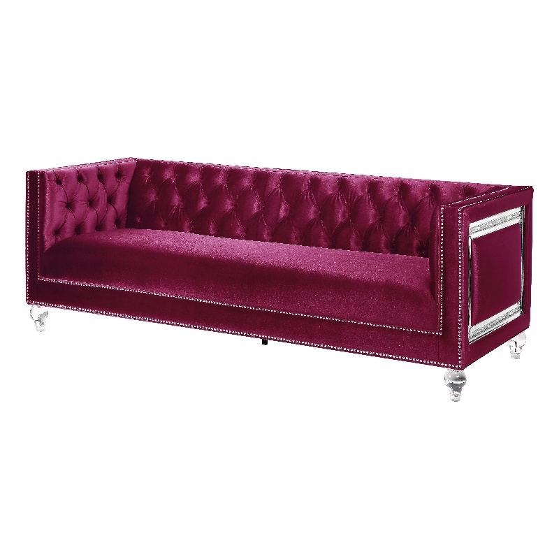 ACME Heibero Velvet Tufted Sofa with 2 Pillows in Burgundy