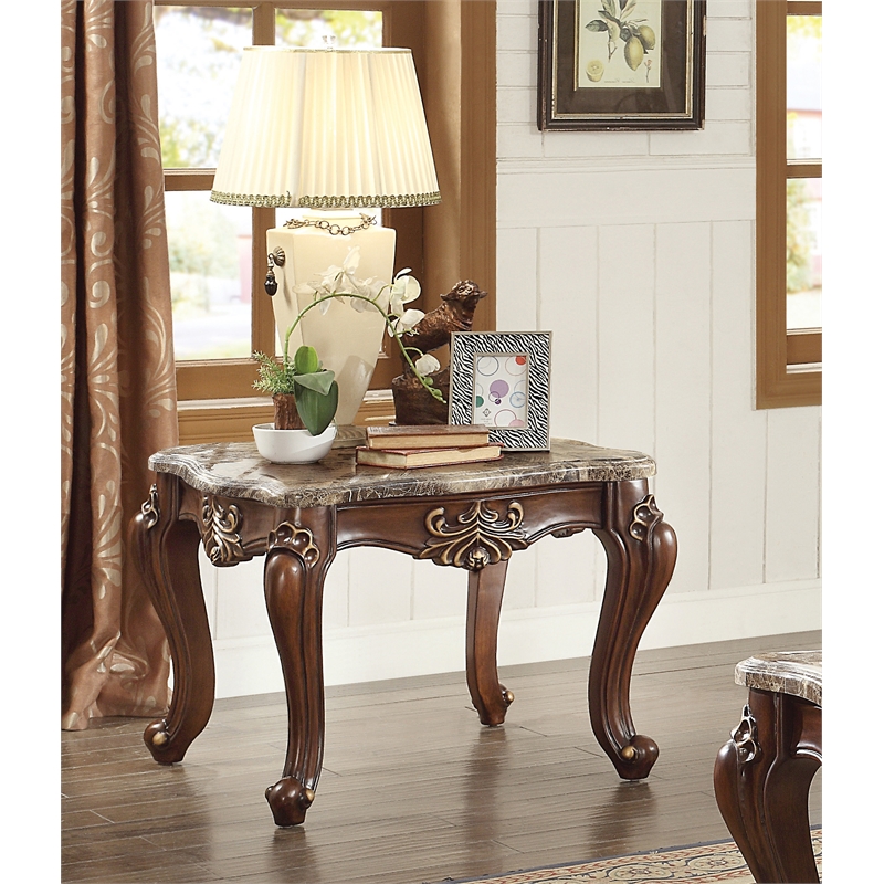 ACME Shalisa Square Wooden End Table with Queen Anne Legs in Marble and Walnut