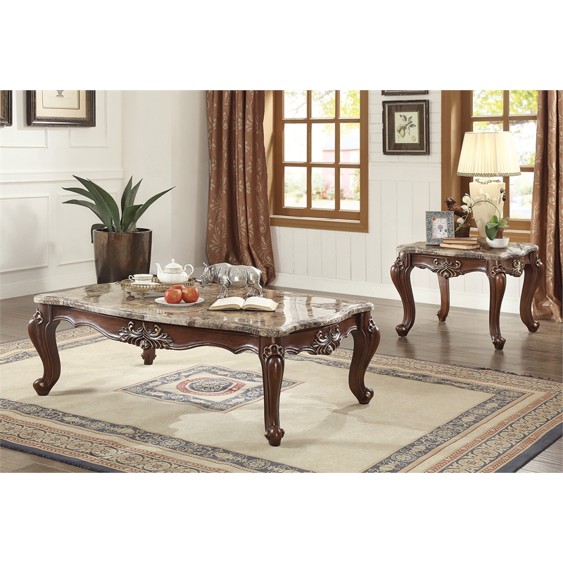 ACME Shalisa Square Wooden End Table with Queen Anne Legs in Marble and Walnut