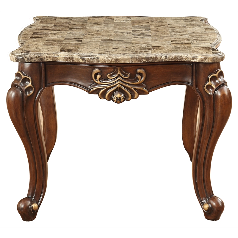 ACME Shalisa Square Wooden End Table with Queen Anne Legs in Marble and Walnut