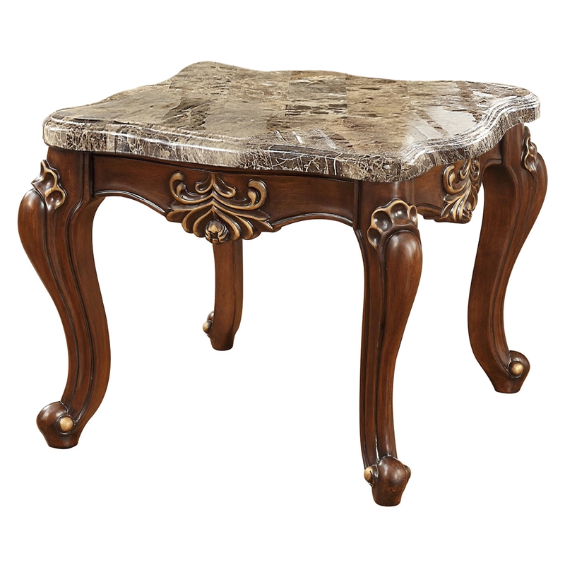 ACME Shalisa Square Wooden End Table with Queen Anne Legs in Marble and Walnut