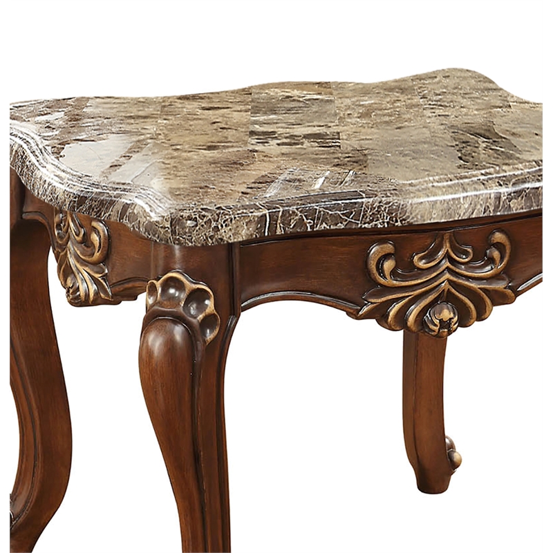 ACME Shalisa Square Wooden End Table with Queen Anne Legs in Marble and Walnut