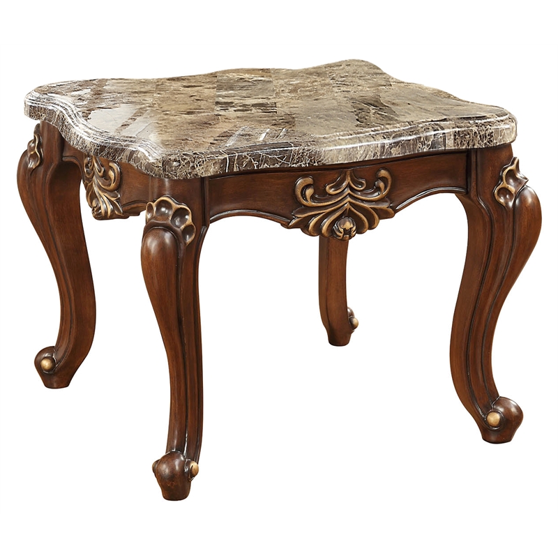 ACME Shalisa Square Wooden End Table with Queen Anne Legs in Marble and Walnut