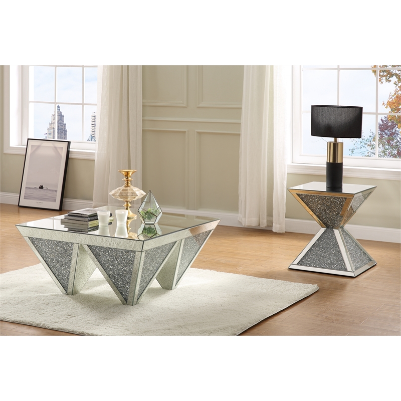ACME Noralie Square End Table in Mirrored and Faux Diamonds