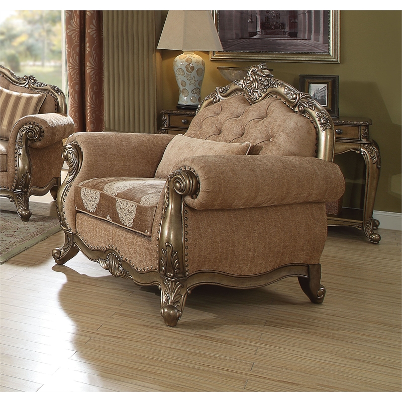 ACME Ragenardus Fabric Upholstery Floral Chair in Vintage Oak