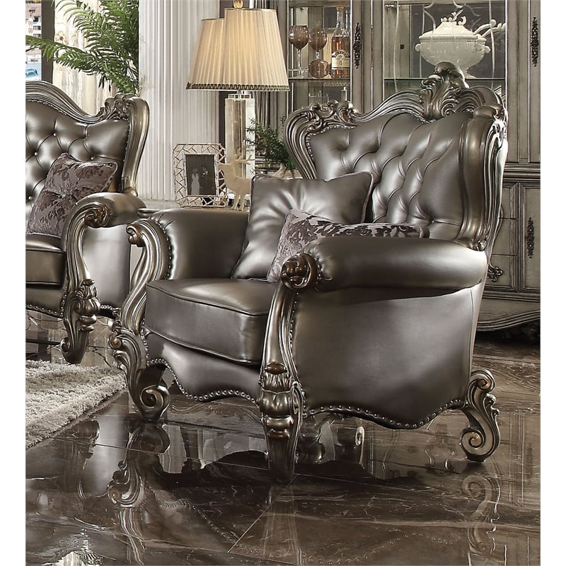 ACME Versailles Faux Leather Tufted Back Chair in Silver and Antique Platinum