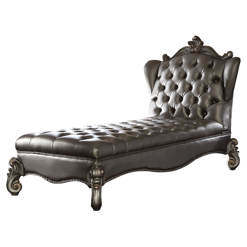ACME Versailles Faux Leather Tufted Chaise Lounge in Silver and Antique Platinum