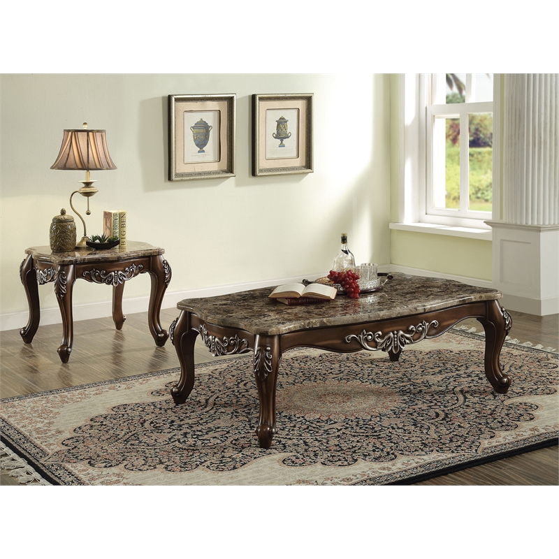 acme latisha square marble top wooden end table in antique oak