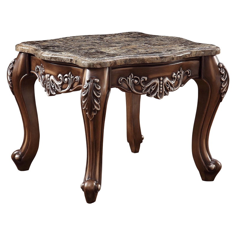 acme latisha square marble top wooden end table in antique oak